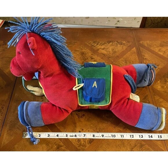 VTG Aurora Baby Red Horse Plush Activity Toy Primary Colors Blue Yarn Hair 90s - Picture 9 of 11